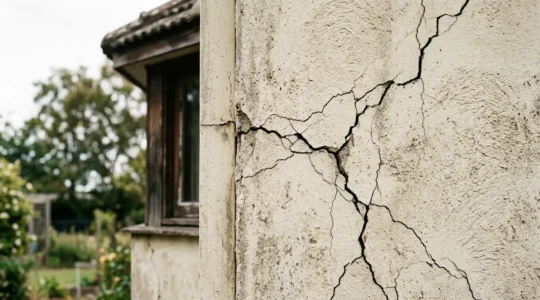 Détail architectural d'un mur de maison présentant des fissures structurelles alarmantes