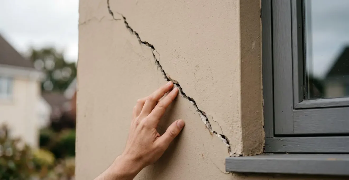 Fissures importantes sur la façade d'une maison individuelle causées par un tassement différentiel du sol