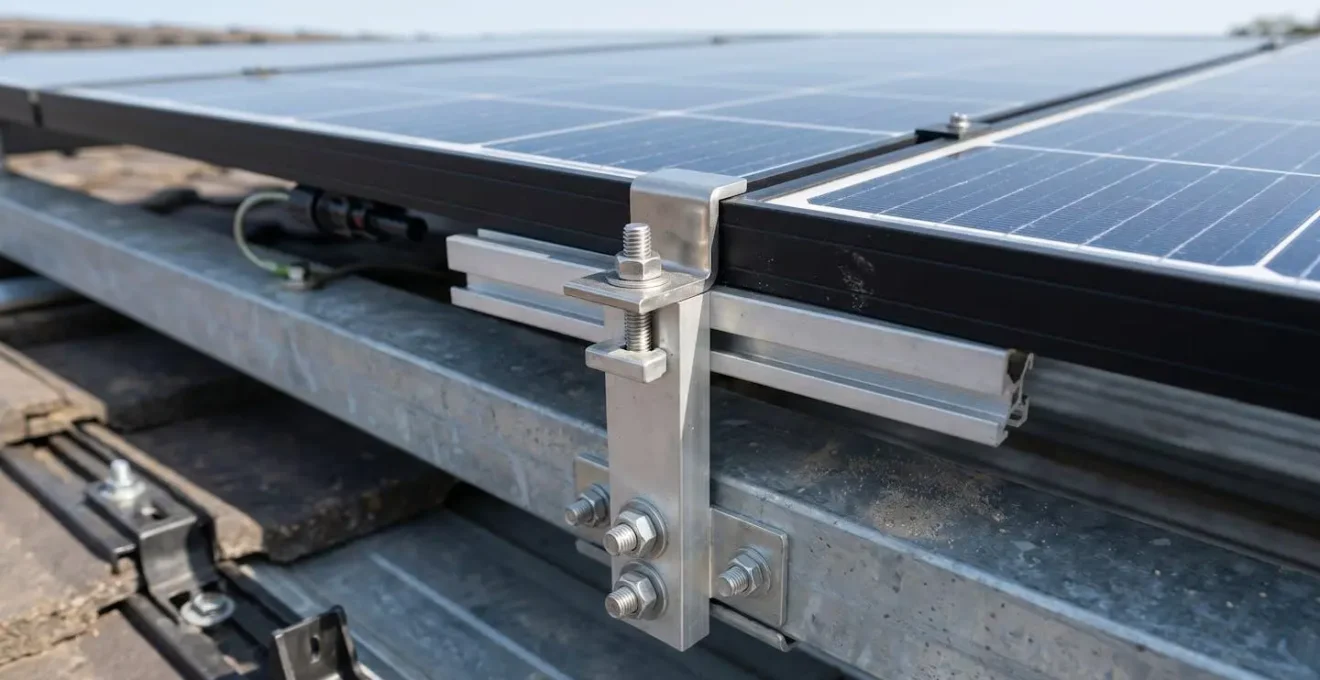 Vue détaillée de fixations métalliques de panneaux photovoltaïques intégrées à une charpente