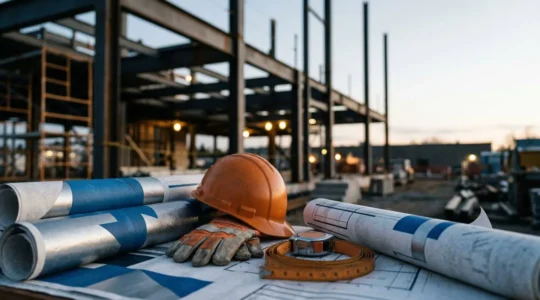 Professionnel du BTP analysant la gestion financière sur un chantier de construction métallique