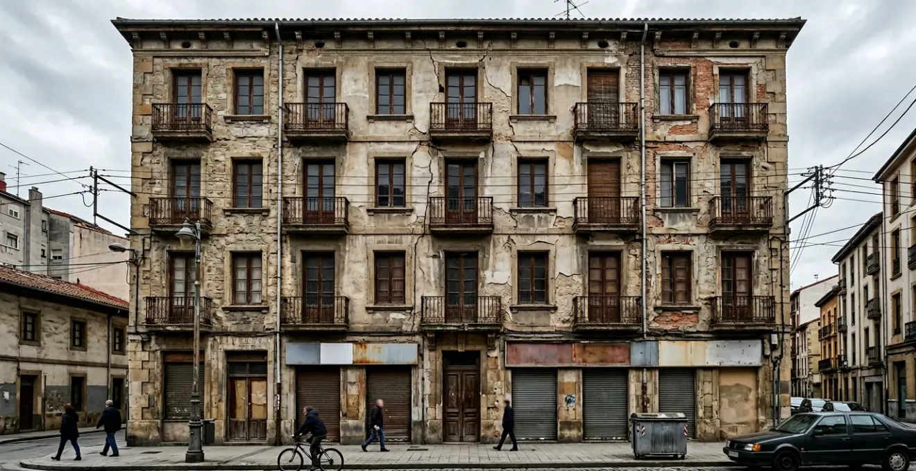 Façade d'immeuble ancien présentant des fissures structurelles en milieu urbain