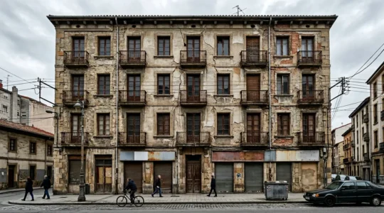 Façade d'immeuble ancien présentant des fissures structurelles en milieu urbain