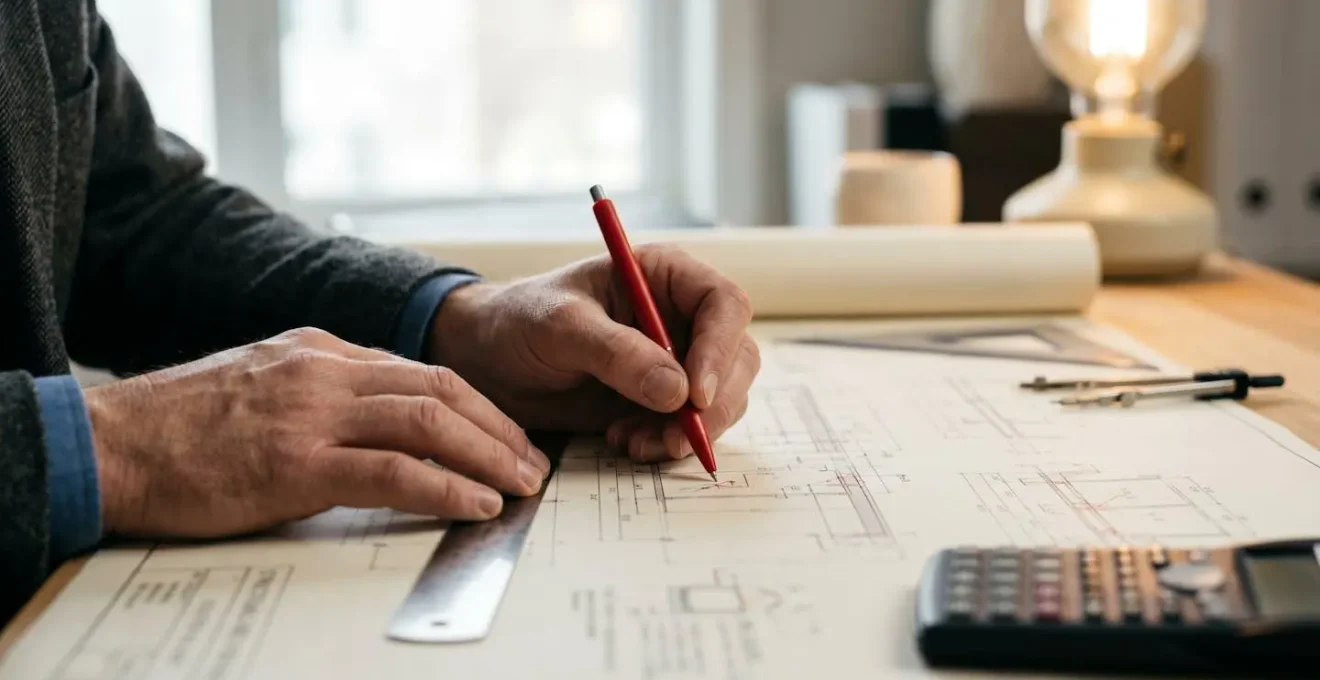 Gros plan sur les mains d'un ingénieur travaillant sur des calculs de structure avec plan technique détaillé