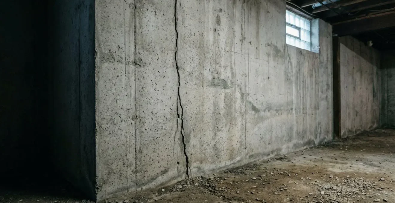 Fondation en béton d'une maison présentant une fissure de soubassement dans un environnement de sous-sol humide