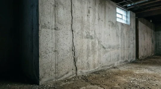 Fondation en béton d'une maison présentant une fissure de soubassement dans un environnement de sous-sol humide