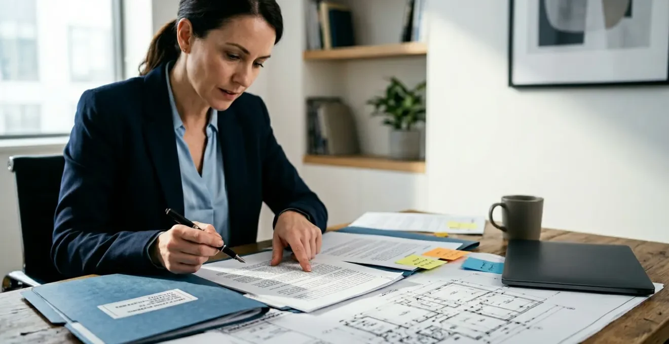 Professionnel analysant des documents juridiques et plans de construction pour un recours en vices cachés immobiliers