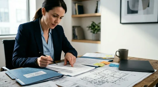 Professionnel analysant des documents juridiques et plans de construction pour un recours en vices cachés immobiliers