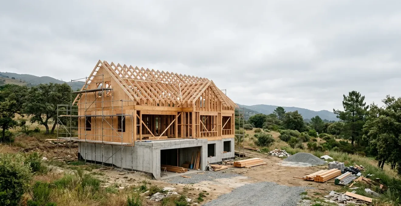 Vue architecturale d'une maison individuelle en construction avec détails de structure visibles