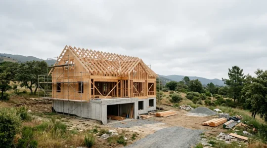 Vue architecturale d'une maison individuelle en construction avec détails de structure visibles