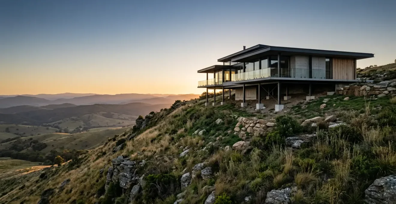 Construction de maison contemporaine sur terrain en forte pente avec système de fondations profondes