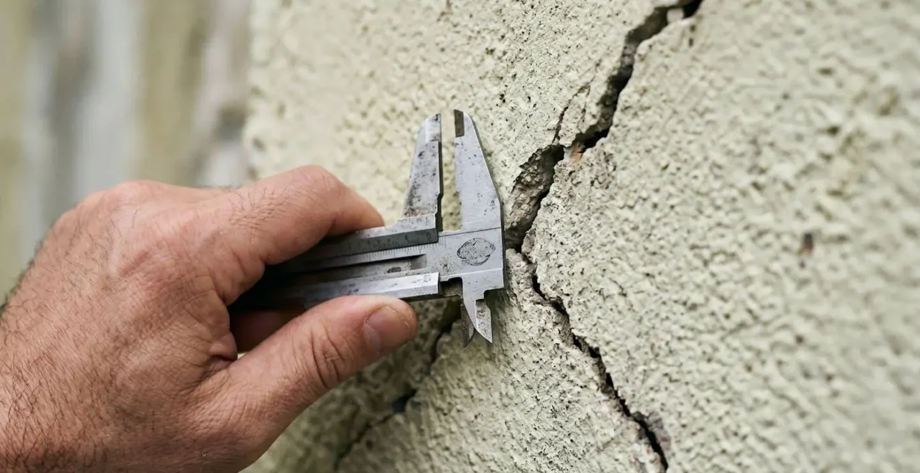 Gros plan sur une main tenant un pied à coulisse mesurant l'ouverture d'une fissure sur un mur