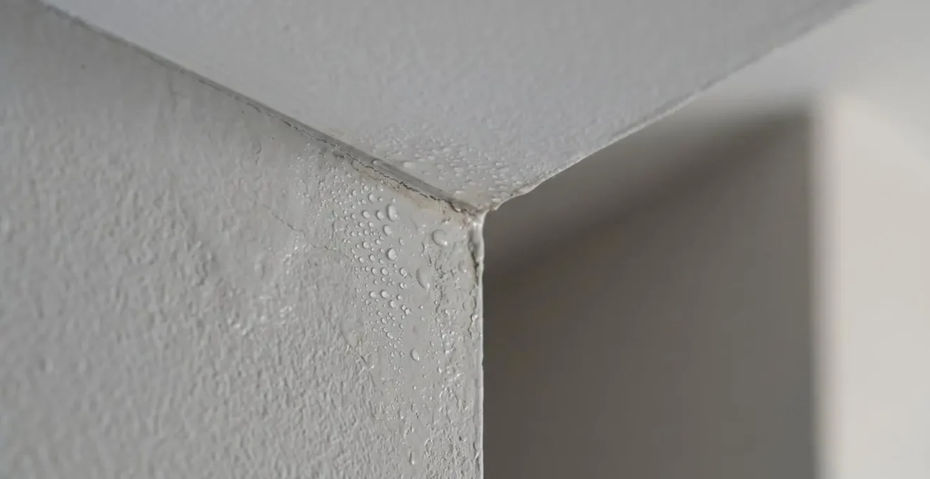 Gros plan sur une surface murale montrant des textures de condensation et d'humidité sans présence de moisissure visible
