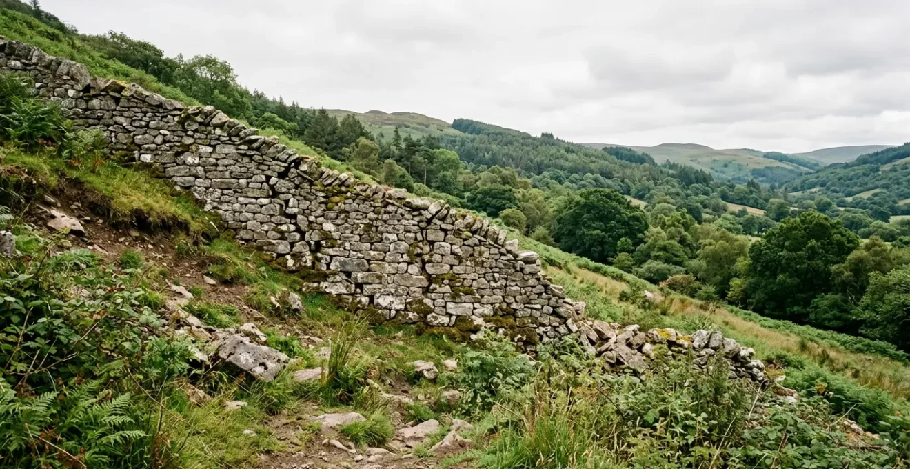 Mur de soutènement en pierre fragilisé présentant des fissures avec terrain en pente et végétation
