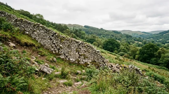 Mur de soutènement en pierre fragilisé présentant des fissures avec terrain en pente et végétation