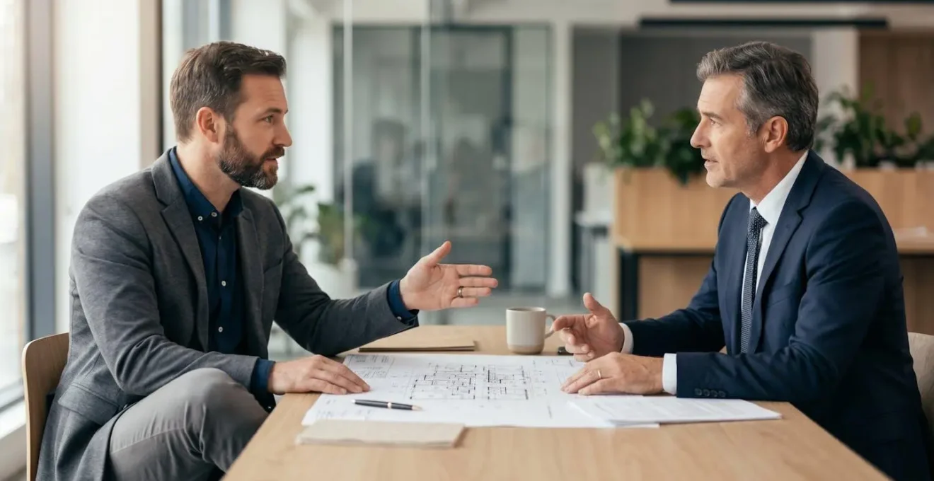 Négociation entre un entrepreneur et un propriétaire autour d'un plan d'aménagement