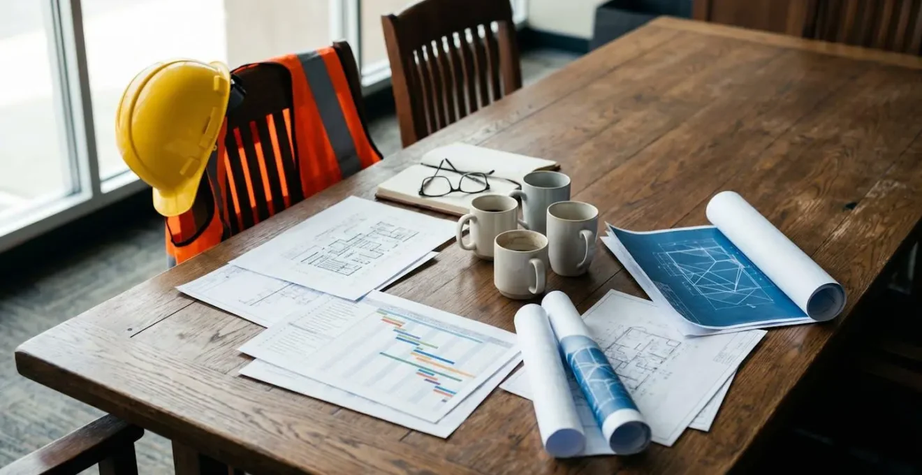 Table de réunion avec documents de planification de chantier et plans techniques