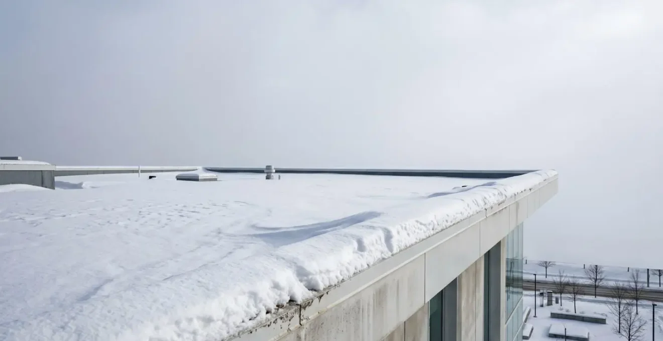 Vue en contre-plongée d'un toit plat sous accumulation de neige avec ciel hivernal