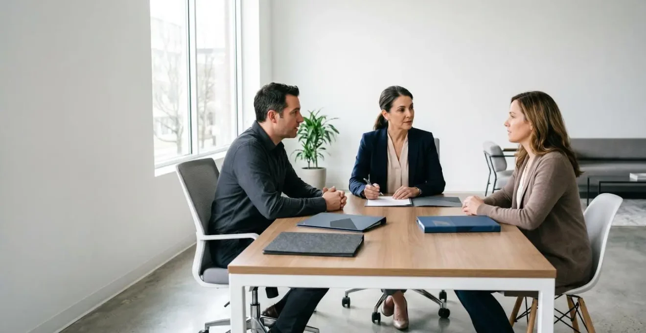 Professionnel du droit et clients en discussion autour d'un compromis de vente immobilier avant signature