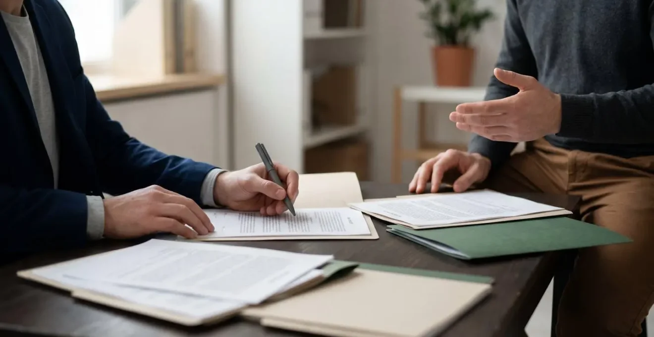 Scène de signature d'un compromis de vente immobilière avec clause d'information sur les travaux