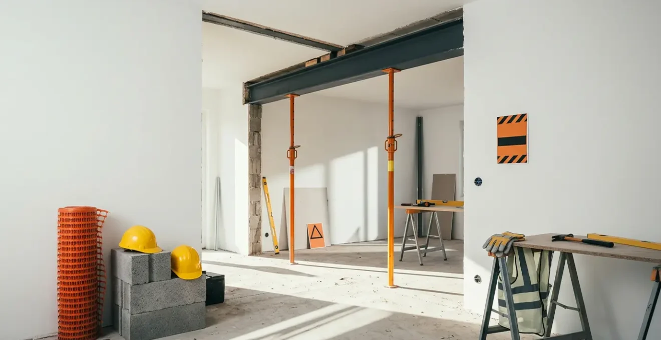 Chantier d'ouverture de mur porteur avec étaiement et équipement de sécurité professionnel