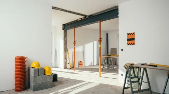 Chantier d'ouverture de mur porteur avec étaiement et équipement de sécurité professionnel