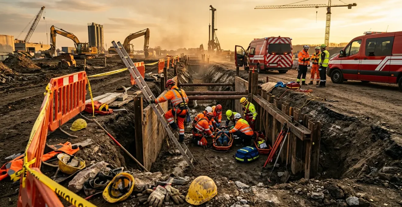 Intervention d'urgence sur un chantier de construction avec équipe de secours spécialisée