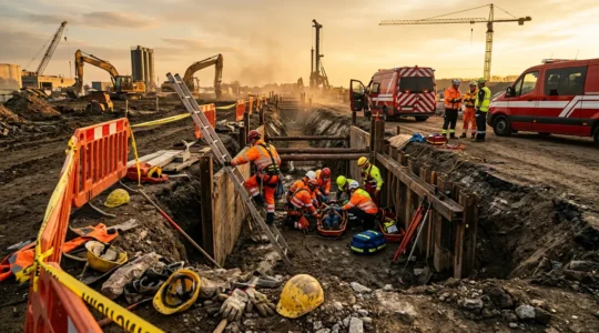 Intervention d'urgence sur un chantier de construction avec équipe de secours spécialisée