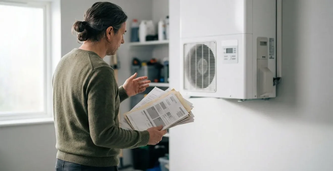 Propriétaire désemparé face à une pompe à chaleur défectueuse avec documents d'assurance