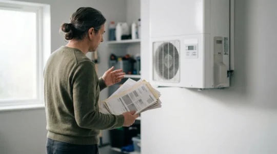 Propriétaire désemparé face à une pompe à chaleur défectueuse avec documents d'assurance