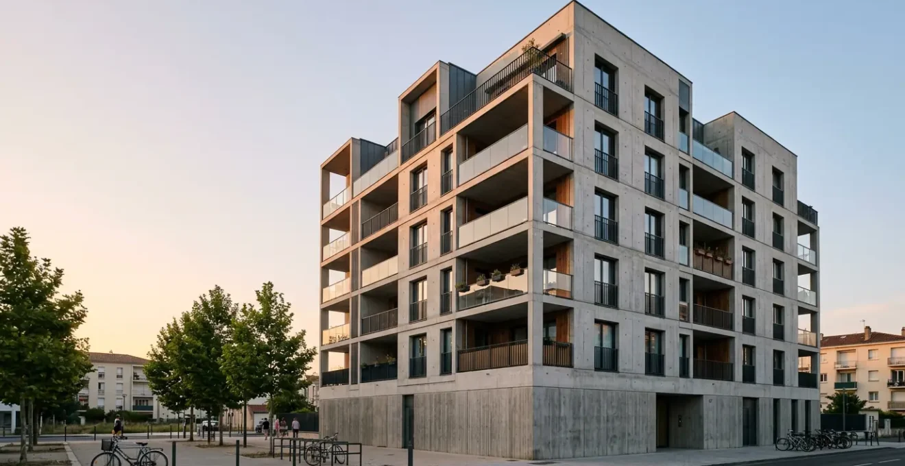 Vue architecturale d'un immeuble résidentiel français moderne avec détails de sécurité structurelle
