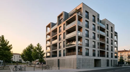 Vue architecturale d'un immeuble résidentiel français moderne avec détails de sécurité structurelle