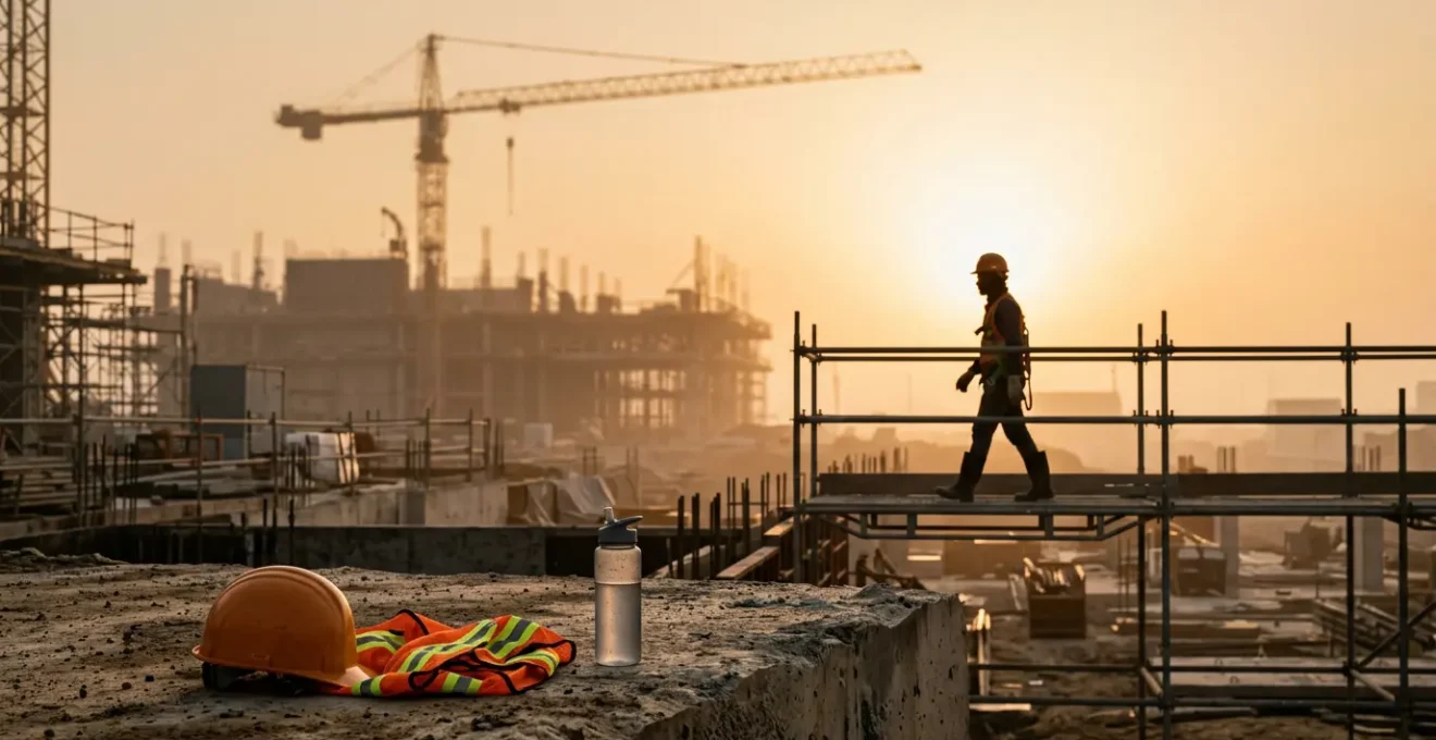 Atmosphère de tension sur un chantier de construction en période de canicule, illustrant les défis de la sécurité au travail