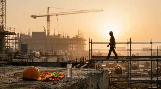Atmosphère de tension sur un chantier de construction en période de canicule, illustrant les défis de la sécurité au travail
