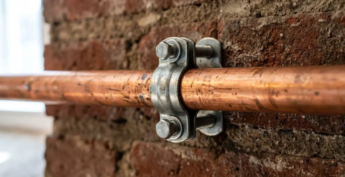 Gros plan sur une canalisation en cuivre brut fixée au mur par des colliers métalliques