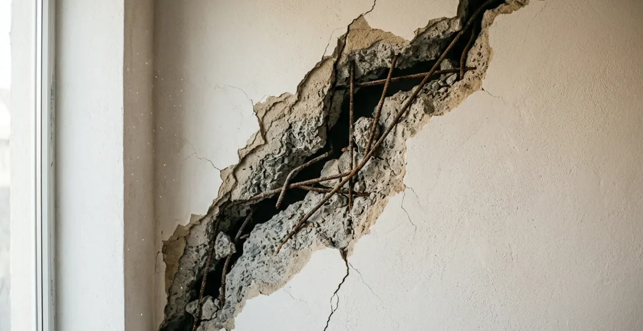 Fissures structurelles graves sur mur de maison en extension révélant un défaut de conception béton