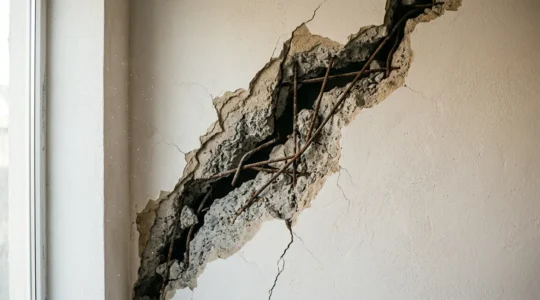 Fissures structurelles graves sur mur de maison en extension révélant un défaut de conception béton