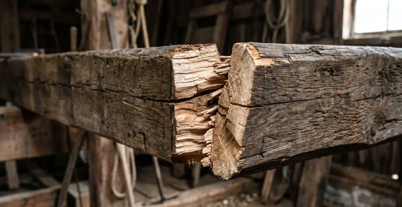 Gros plan d'une section de poutre en bois montrant une fracture nette par opposition à une détérioration progressive