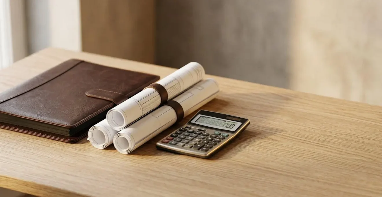 Gestion budgetaire protegee pour projet immobilier avec documents et elements symboliques de securite financiere