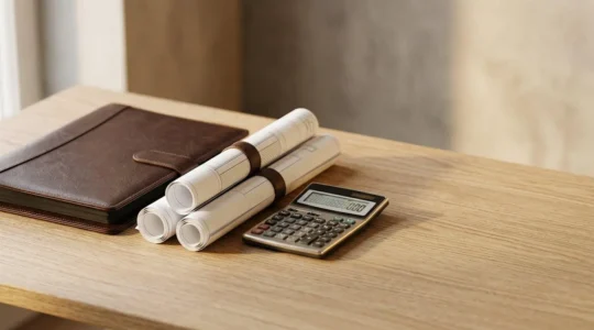 Gestion budgetaire protegee pour projet immobilier avec documents et elements symboliques de securite financiere