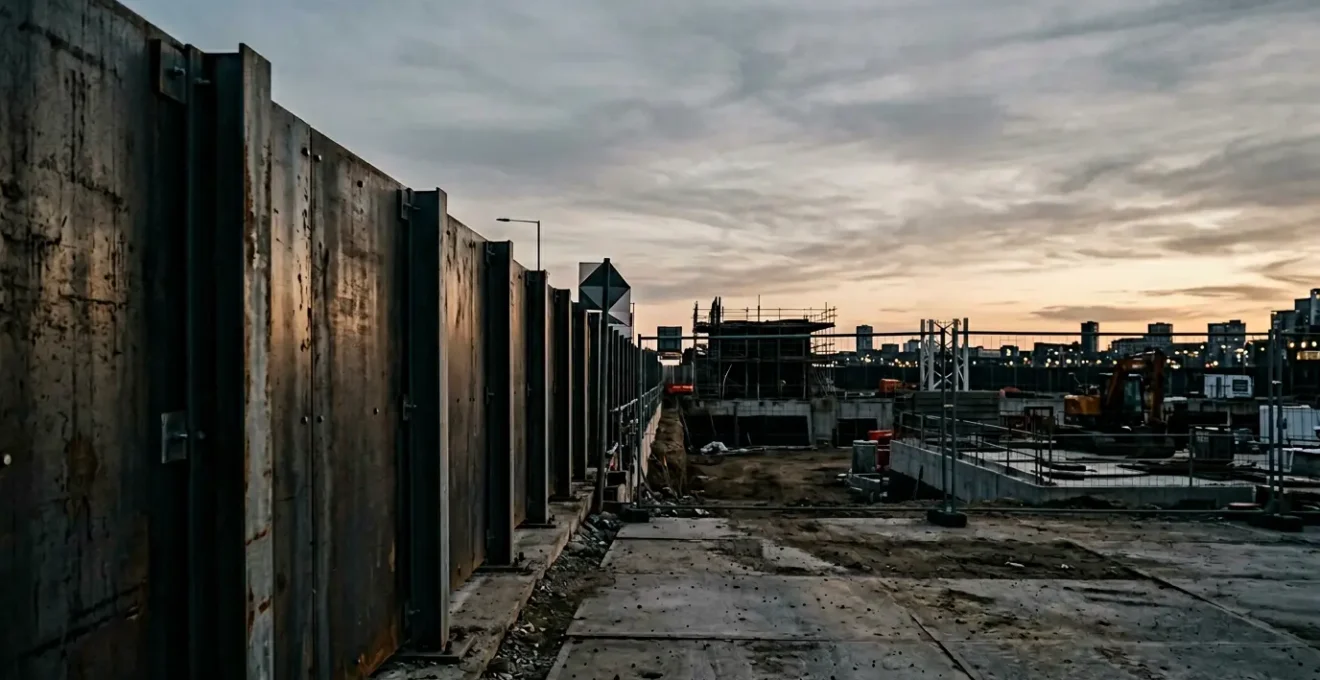 Chantier de construction sécurisé en fin de journée avec palissade opaque et éléments de protection visibles