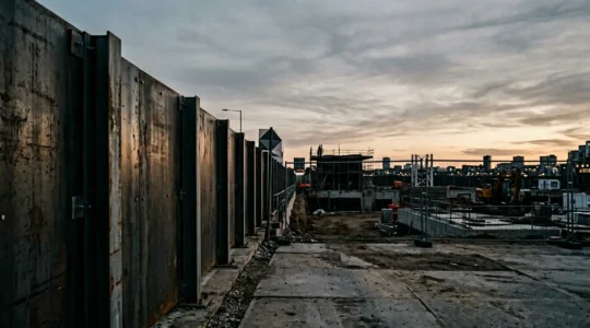 Chantier de construction sécurisé en fin de journée avec palissade opaque et éléments de protection visibles
