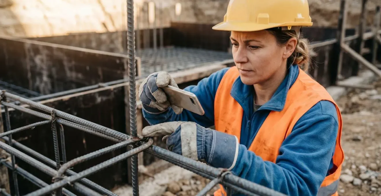 Ferraillage exposé d'une semelle de fondation en béton armé pour poteau métallique avant coulage