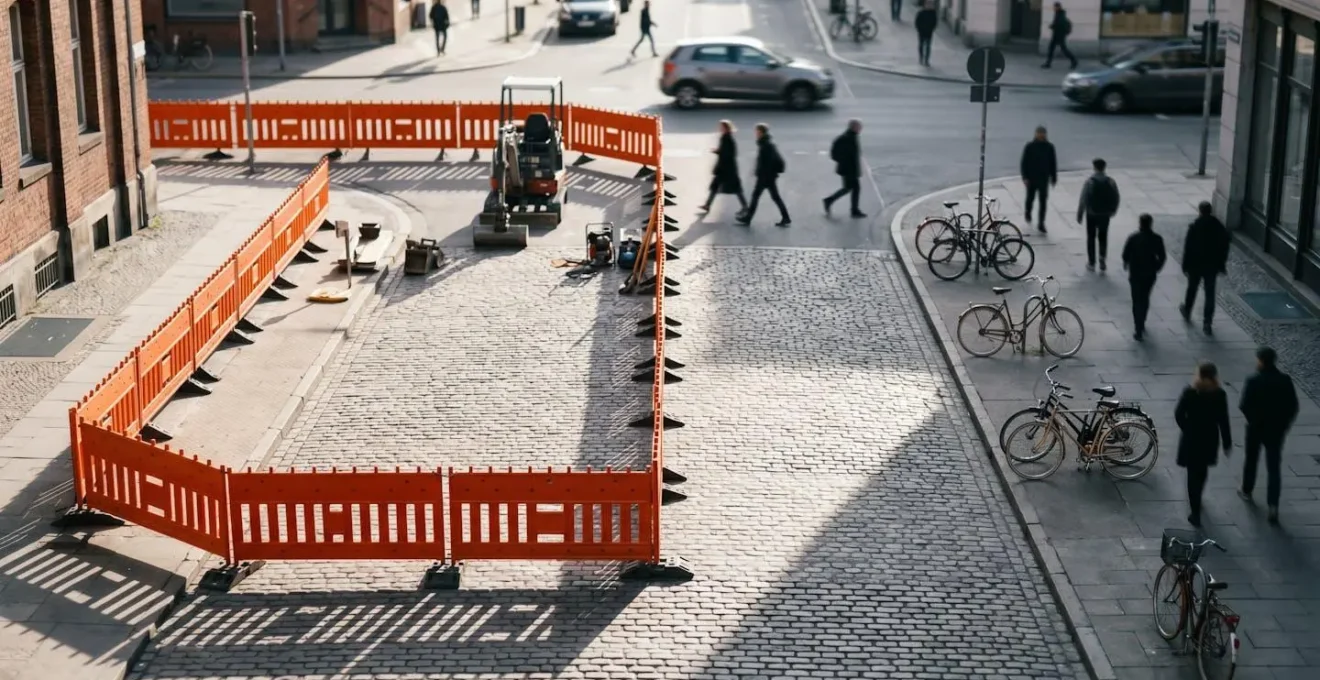 Zone de chantier délimitée sur voie publique urbaine avec équipements de sécurité