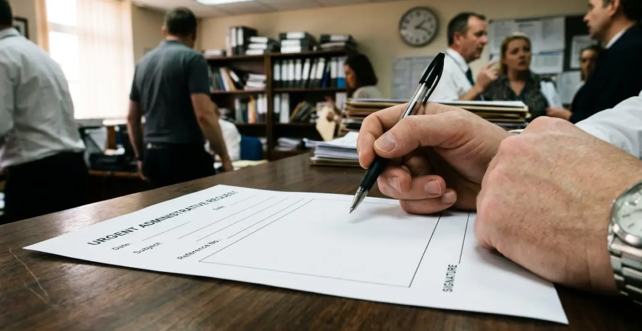 Main tenant un stylo au-dessus d'un document administratif vierge dans une atmosphère de tension et d'urgence