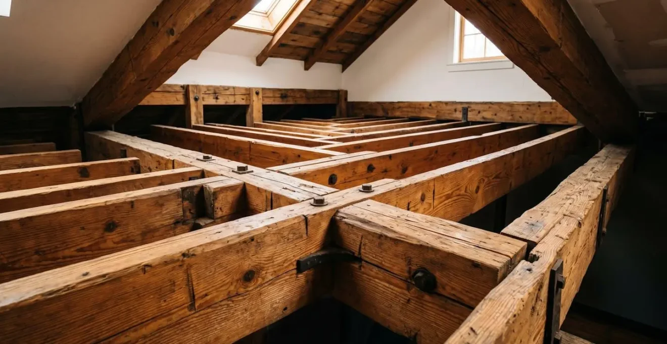 Vue en contre-plongée d'une structure de plancher en bois avec poutres apparentes et assemblages