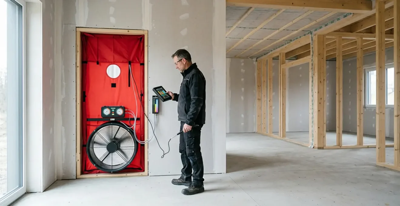 Test d'infiltrométrie en cours dans une maison neuve pour valider la conformité RE2020