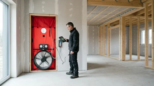 Test d'infiltrométrie en cours dans une maison neuve pour valider la conformité RE2020