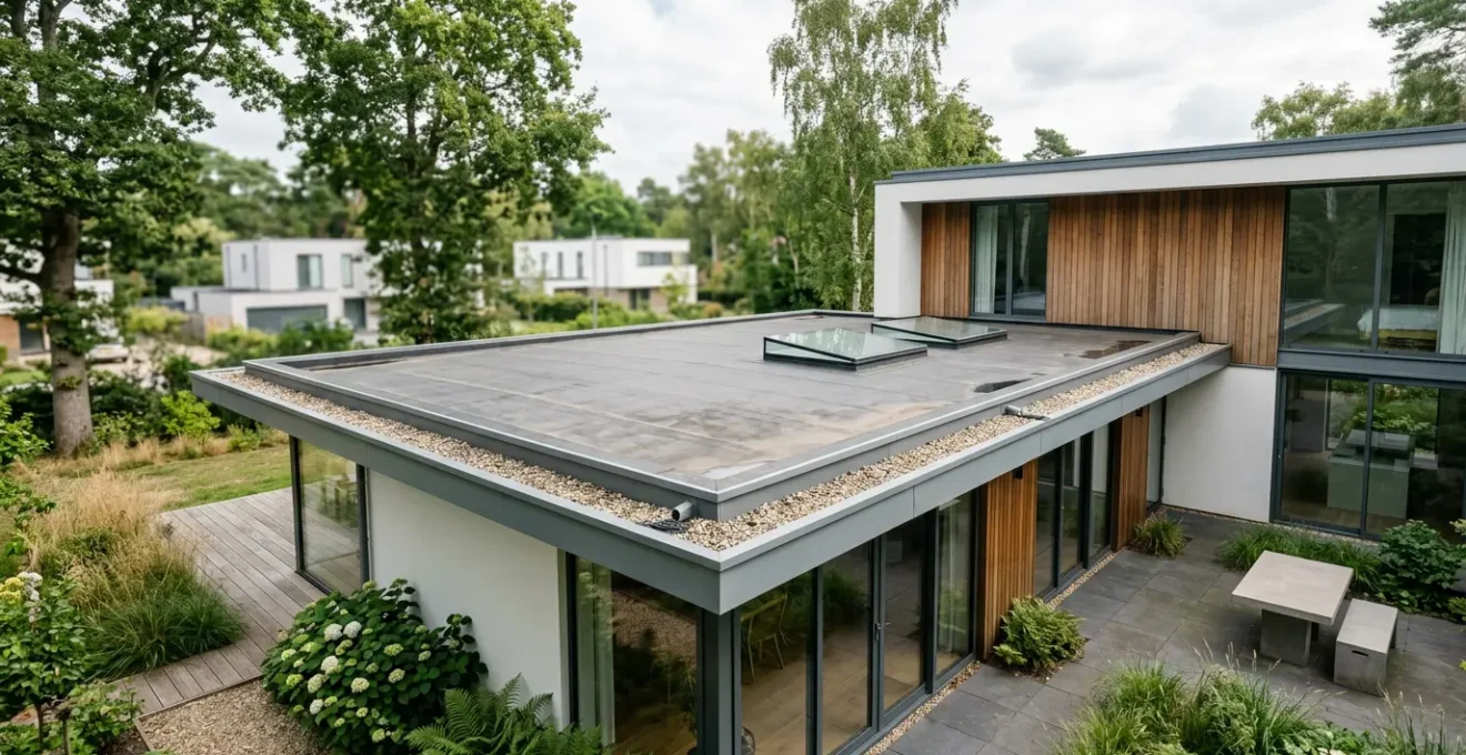 Toit plat d'extension de maison contemporaine avec membrane d'étanchéité sous ciel lumineux