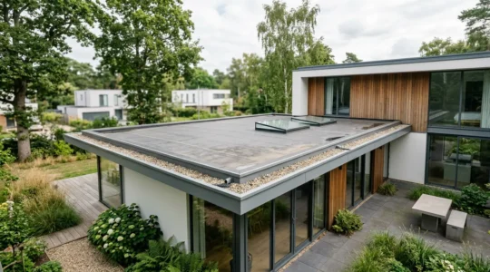 Toit plat d'extension de maison contemporaine avec membrane d'étanchéité sous ciel lumineux