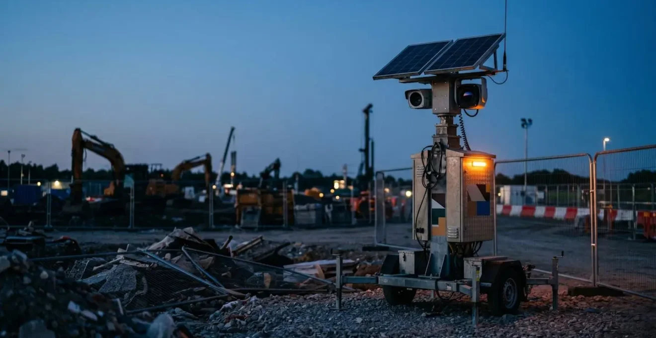 Système de vidéosurveillance mobile autonome avec caméra thermique sur chantier de construction au crépuscule